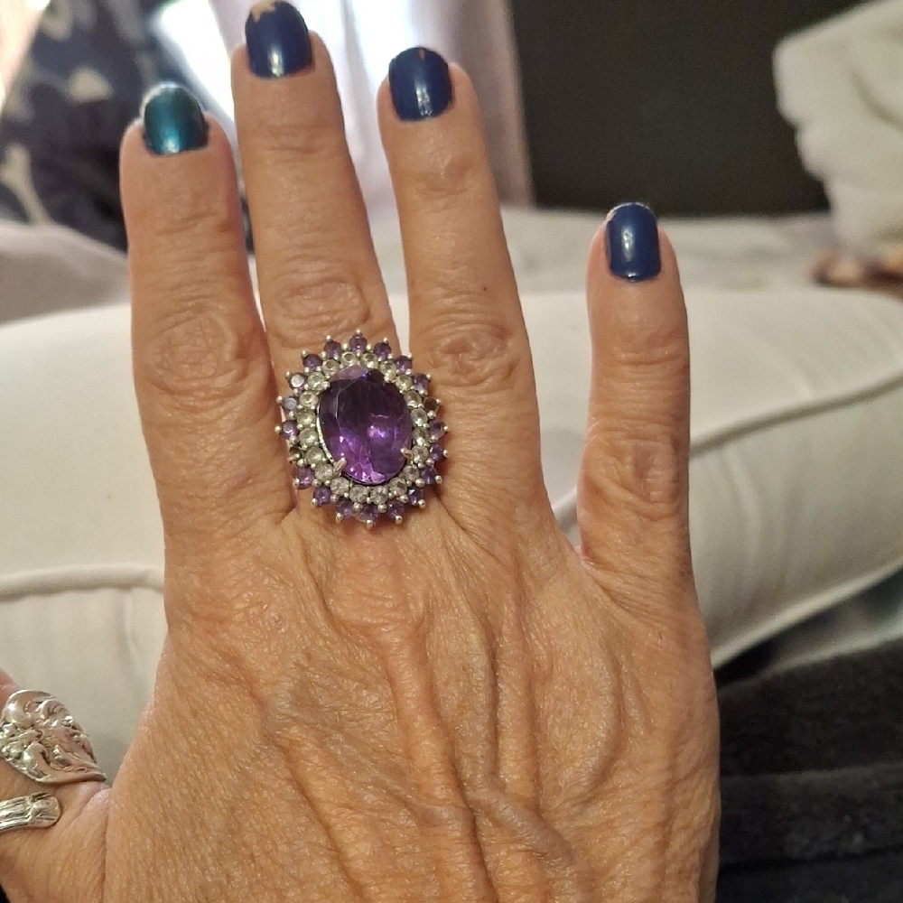 Amethyst and White Topaz Halo Ring Set In Solid Sterling Silver .925 Mk Sz 6.5 - Picture 1 of 10